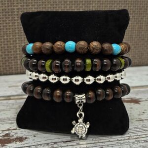 Boho Beaded Stacked Bracelets Set 4 Turtle Charm Wooden Turquoise Silver NWT